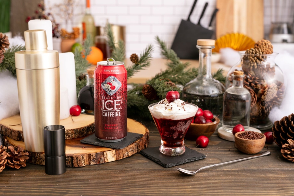 whipped cherry vodka cocktail on wooden table with sparkling ice plus caffeine cherry vanilla