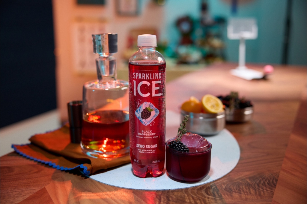 Sparkling Ice Berry Bourbon Smash March Madness themed cocktail.